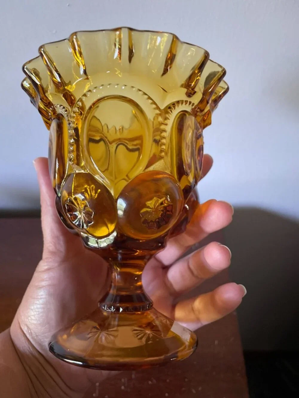 Vintage L.E. Smith Amber Glass Moon and Stars Pedestal Compote Candy Dish crimpe